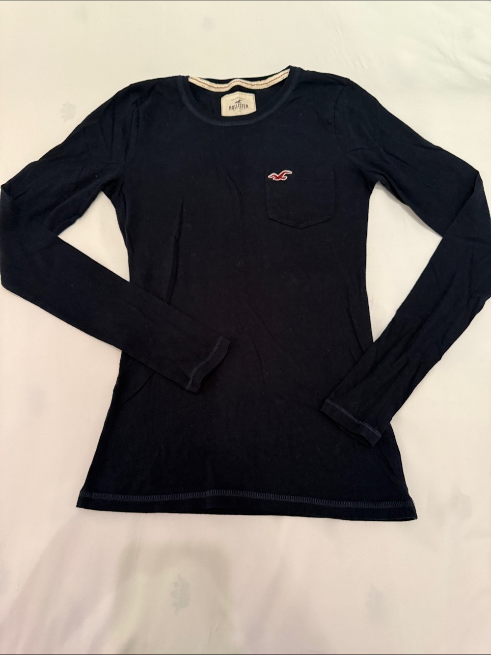 Hollister Navy Long-Sleeve Pocket Tee with Logo